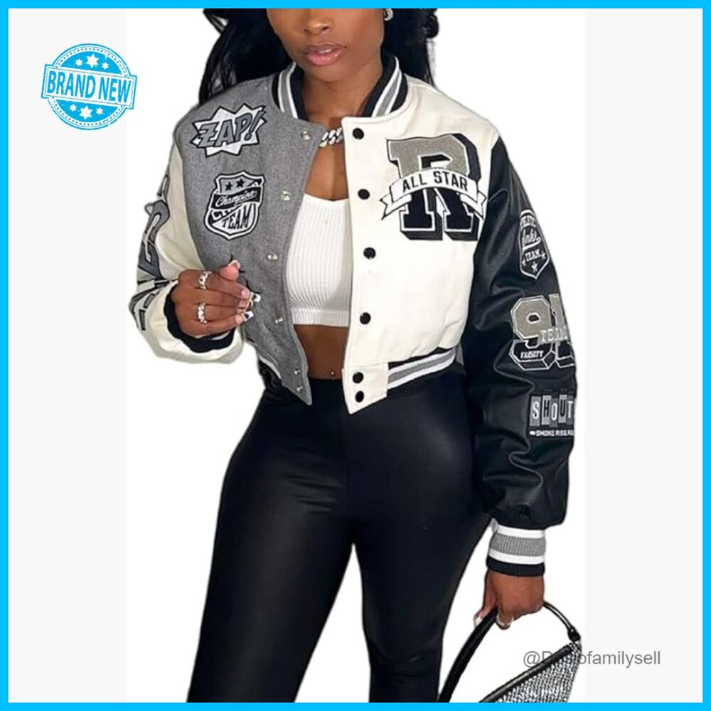 Cropped Varsity Bomber Jacket Y2K Streetwear Classic Button Front Casual
